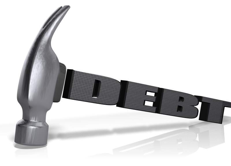 Hammer labeled ‘DEBT’ smashing the word ‘DEBT’ against a dark blue background under the heading ‘7 Proven Strategies to Crush Your Debt
