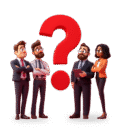 Diverse business professionals standing beside a bold red question mark, symbolizing credit uncertainty and curiosity.