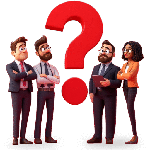Diverse business professionals standing beside a bold red question mark, symbolizing credit uncertainty and curiosity.