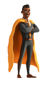 Superhero-themed educator in orange cape promoting debt payoff calculator tools