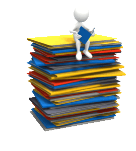 Animated stick figure reading a credit file folder on top of colorful folders, symbolizing credit document organization, credit report analysis & financial record management